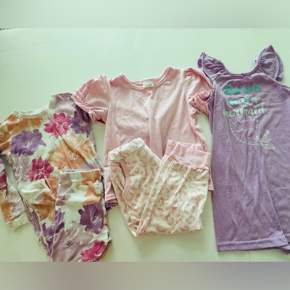 Burt’s Bees Floral Pajama Set, Carter's Mermaid Nightgown, & Animal Print Set 3T